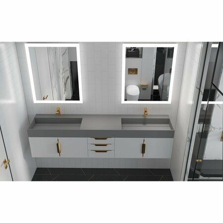 Castello Usa Amazon 84-inch White Vanity Set with Gray Top and Gold Handles CB-MC-84W-GLD-2056-GR
